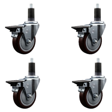 Service Caster 4'' Maroon Poly Swivel 1-1/4'' Expanding Stem Caster Set with Brake, 4PK SCC-EX20S414-PPUB-MRN-PLB-114-4